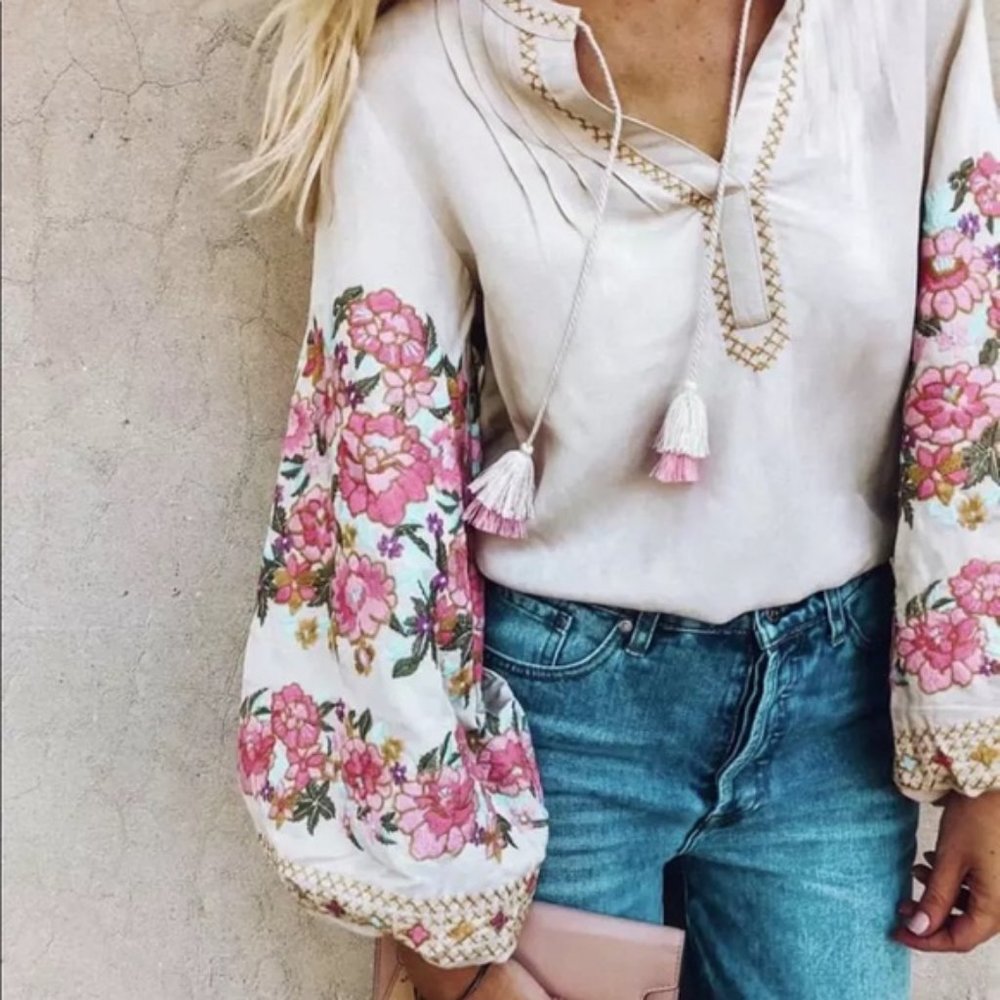 Boho Embroidered Floral Puff Sleeve Tassel Blouse